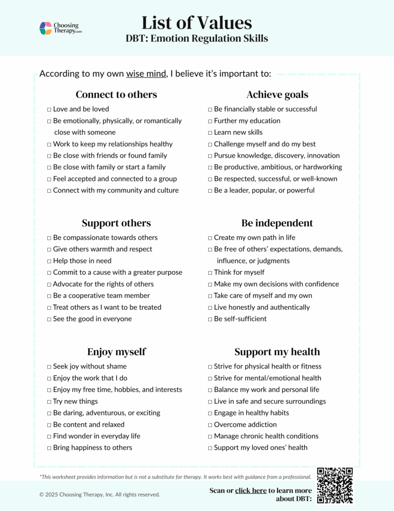 DBT List of Values (Free Printable PDF) | ChoosingTherapy.com